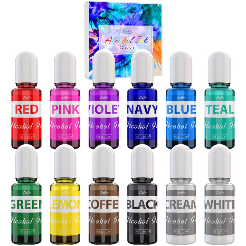 Limino Alcohol Ink Set - 12 x 0.35oz Colors Alcohol Based Ink for Epoxy Resin Painting  Resin Petri Dish Making  Resin Art - Concentrated Alcohol Paint Color Dye for Coaster  Yupo  Tumbler Making - 10ml Each - Image 1